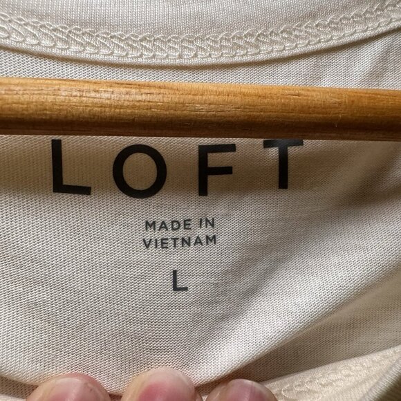 Loft Cotton Cream Short Ruffle Puff Sleeve Round Neck Top Size Large - Picture 5 of 8